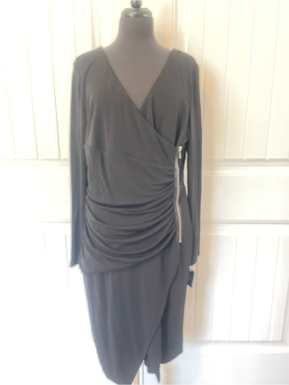 Black Asymmetrical Wrap Dress with Side Zip Detail